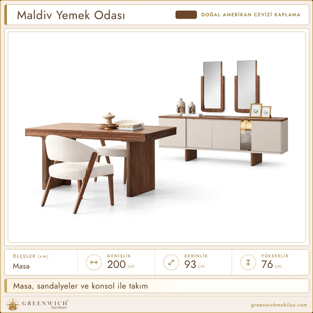 Maldiv Amerikan cevizi yemek odası, masa, sandalyeler ve konsol