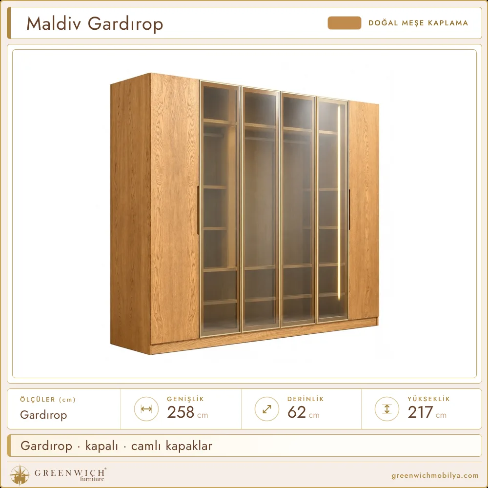 Maldiv meşe gardırop, kapalı, camlı kapaklar