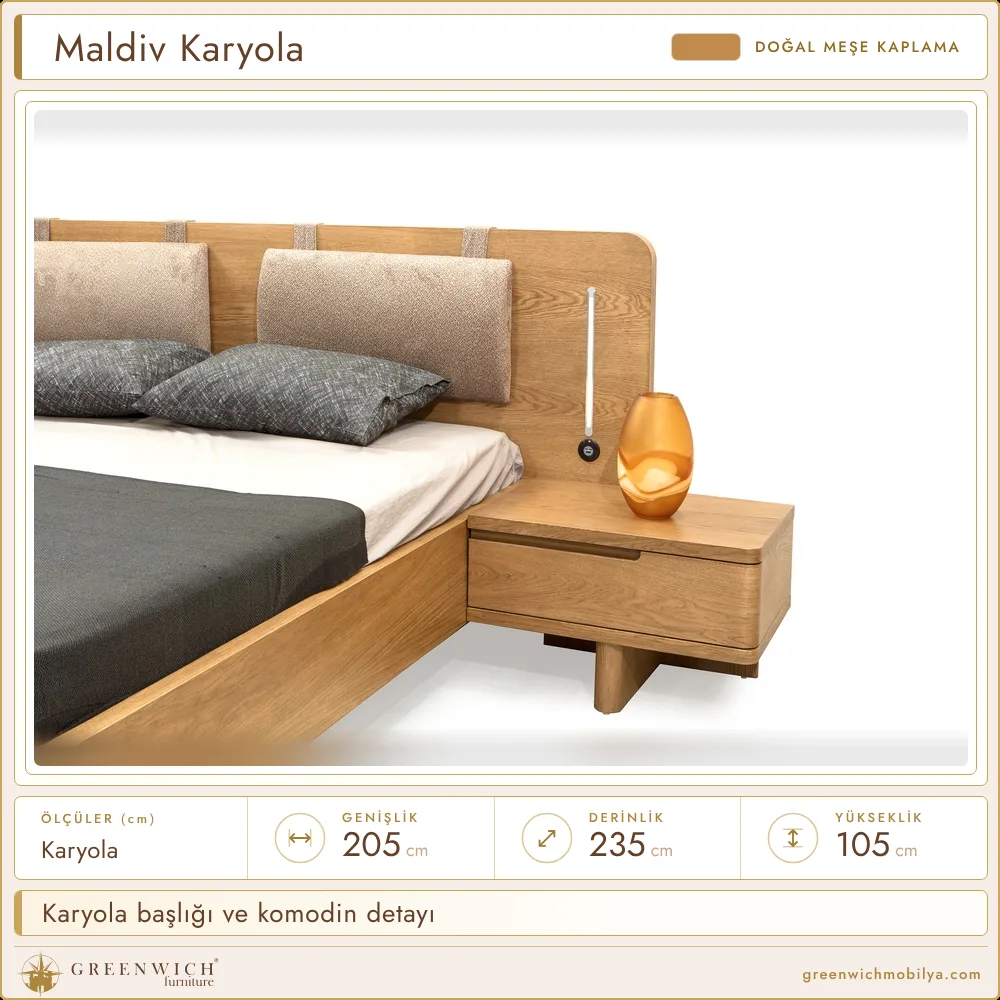 Maldiv meşe karyola başlığı ve komodin detayı