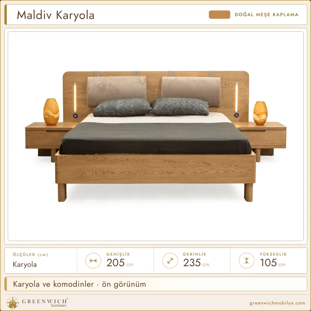 Maldiv meşe karyola ve komodinler, ön görünüm
