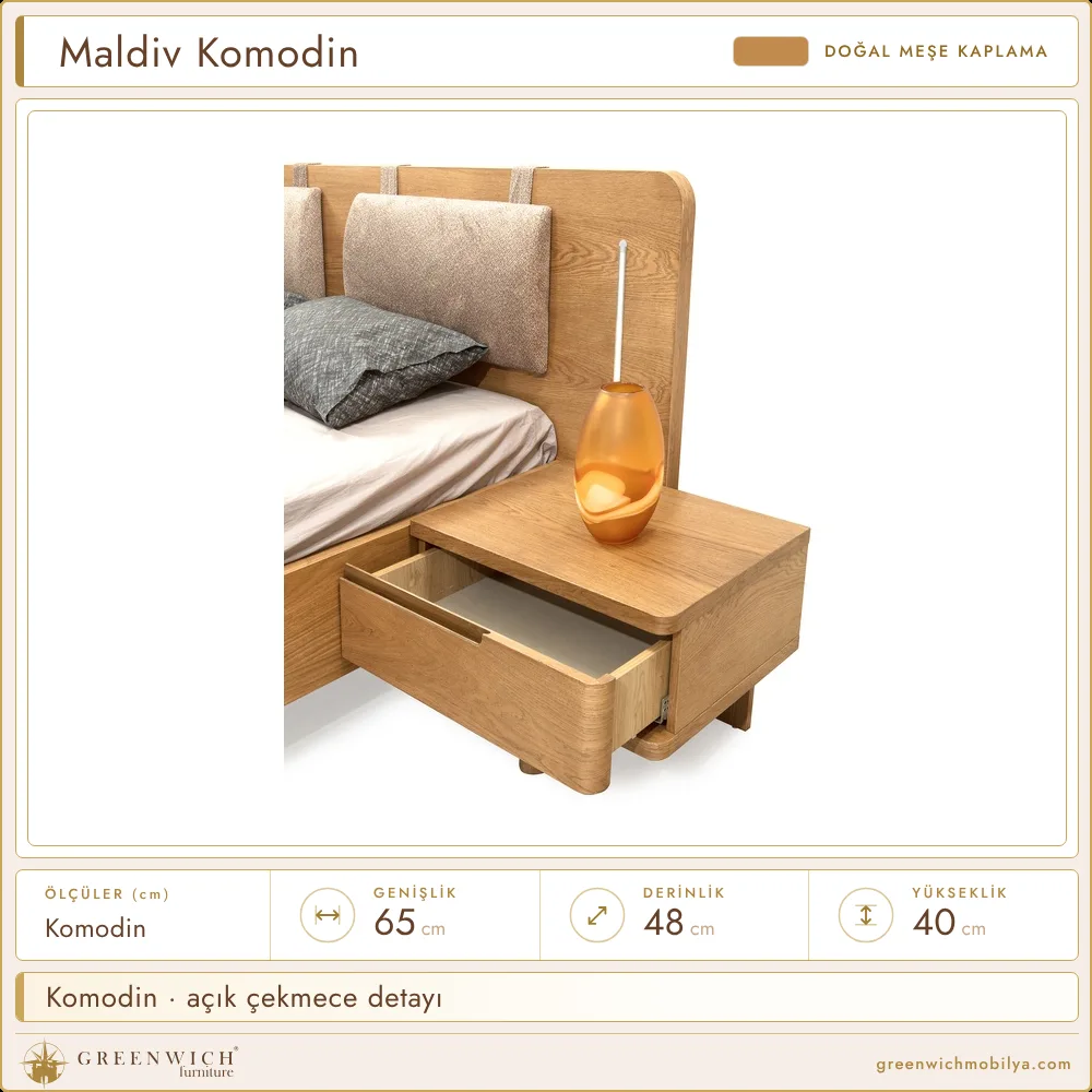 Maldiv meşe komodin, açık çekmece detayı