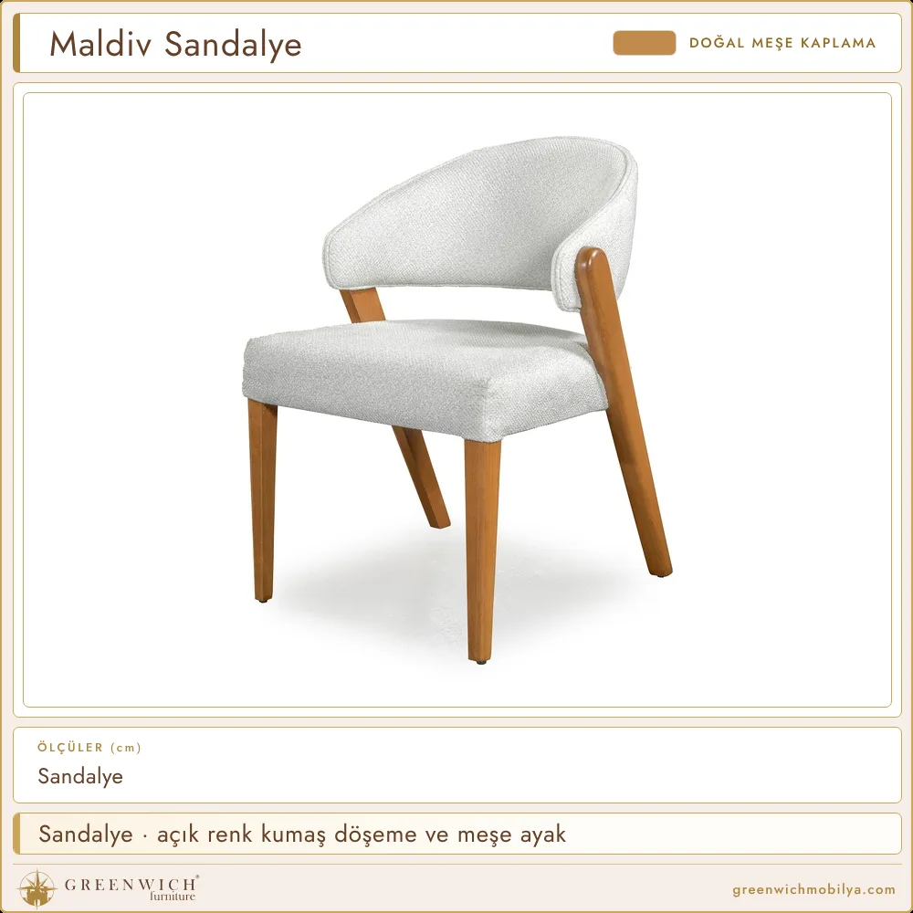 Maldiv meşe sandalye, açık renk kumaş döşeme ve meşe ayak