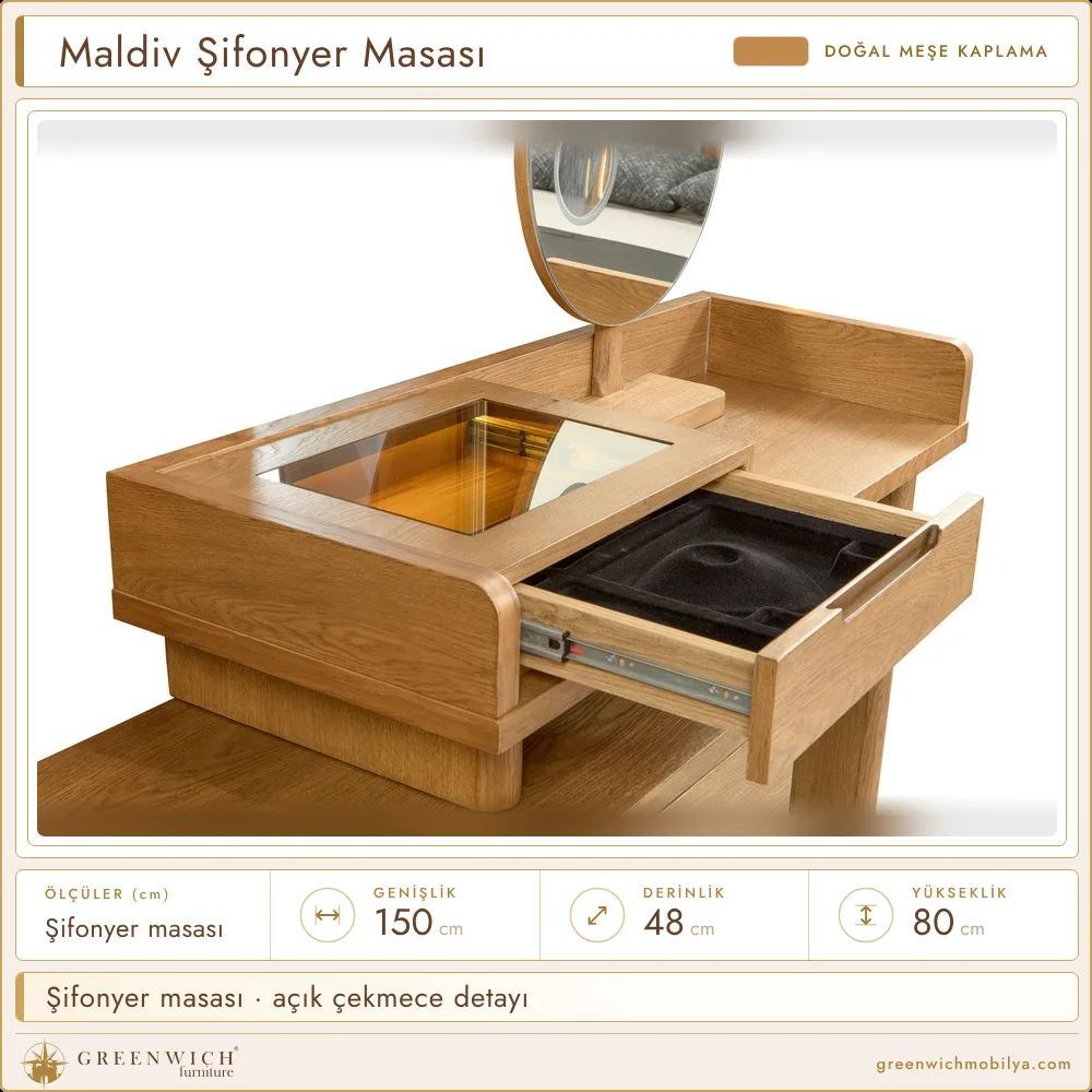 Maldiv meşe şifonyer masası, açık çekmece detayı