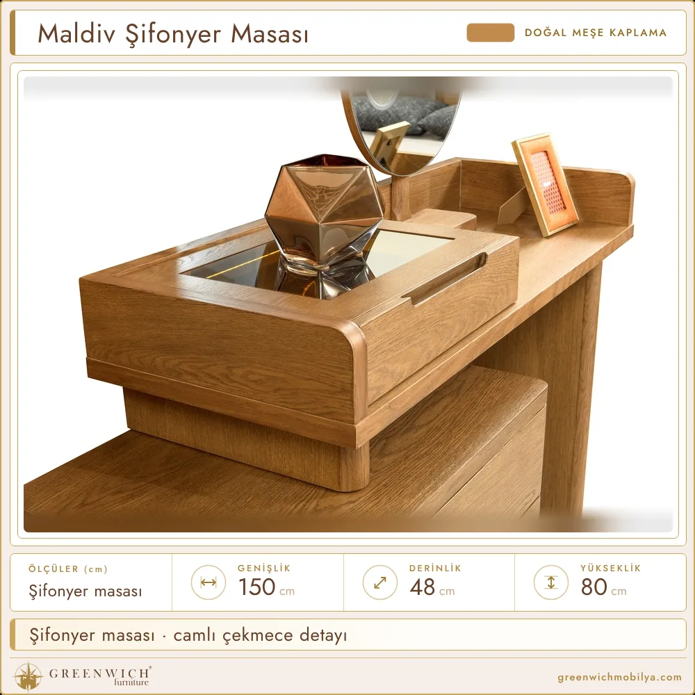 Maldiv meşe şifonyer masası, camlı çekmece detayı