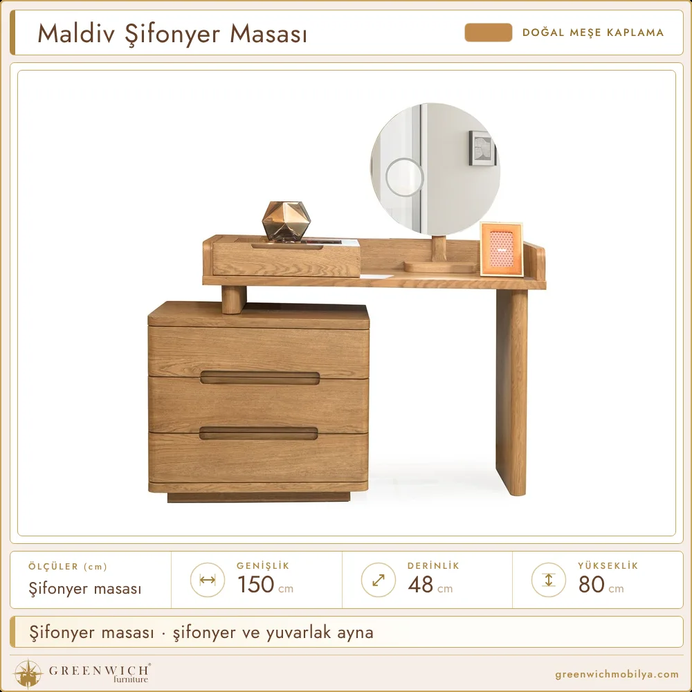 Maldiv meşe şifonyer masası, şifonyer ve yuvarlak ayna