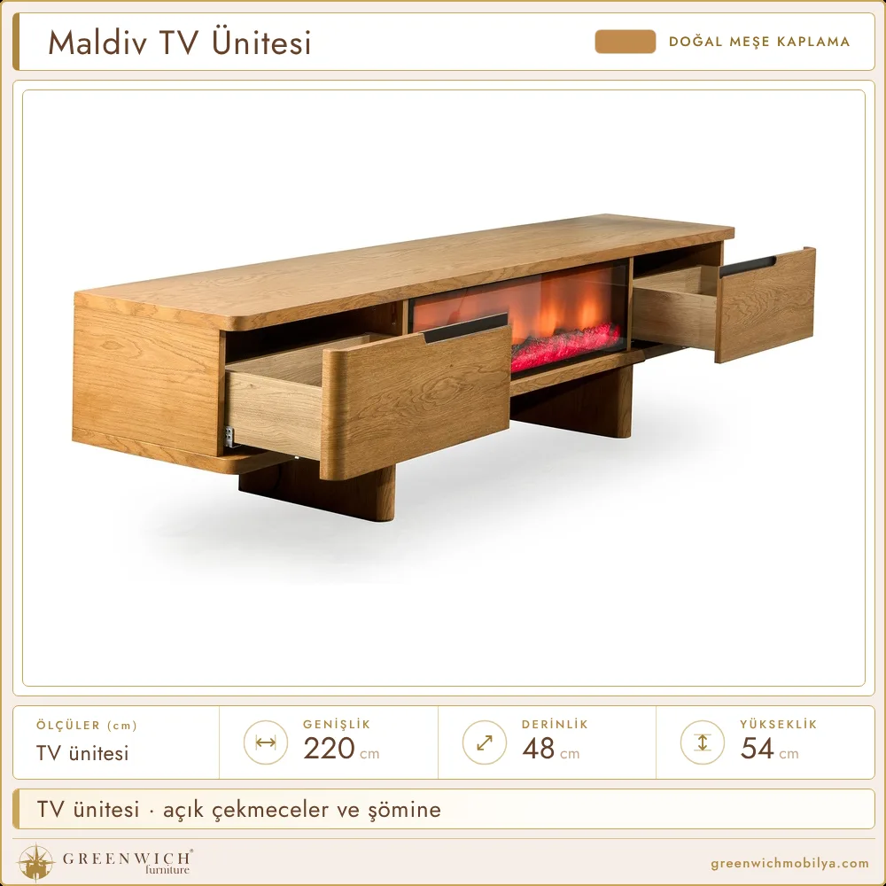 Maldiv meşe TV ünitesi, açık çekmeceler ve şömine