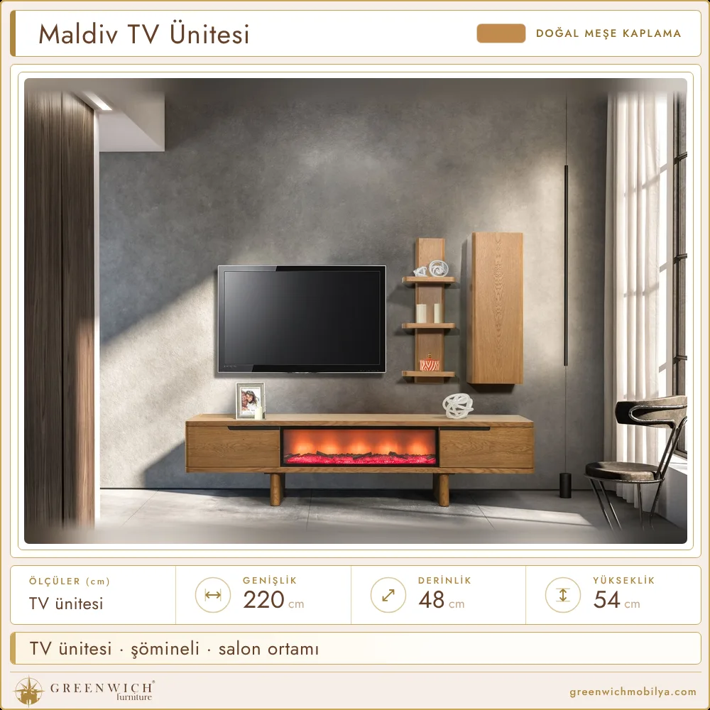 Maldiv meşe TV ünitesi, şömineli, salon ortamı