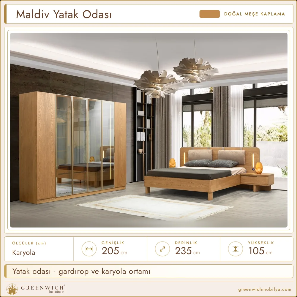 Maldiv meşe yatak odası, gardırop ve karyola ortamı