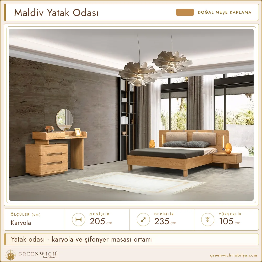 Maldiv meşe yatak odası, karyola ve şifonyer masası ortamı