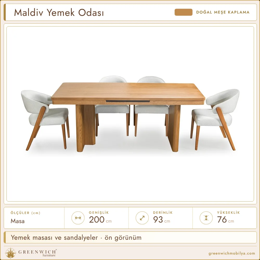 Maldiv meşe yemek masası ve sandalyeler, ön görünüm