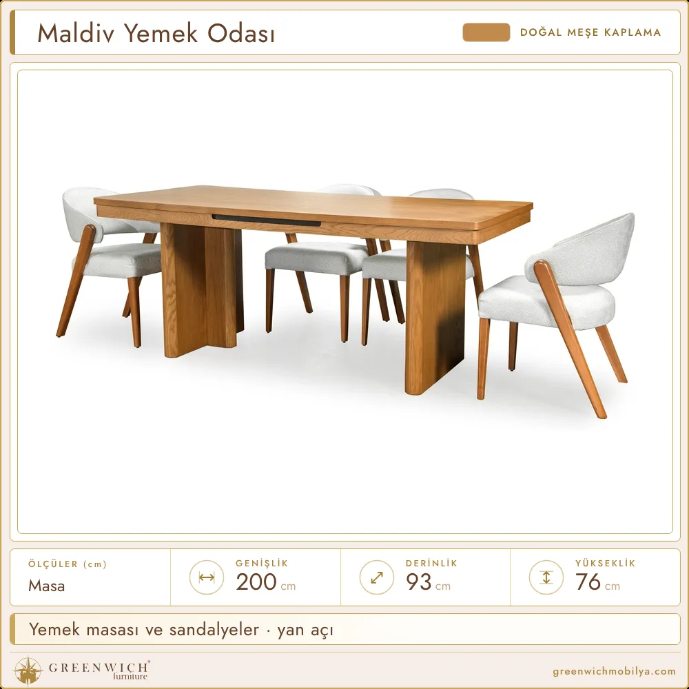 Maldiv meşe yemek masası ve sandalyeler, yan açı