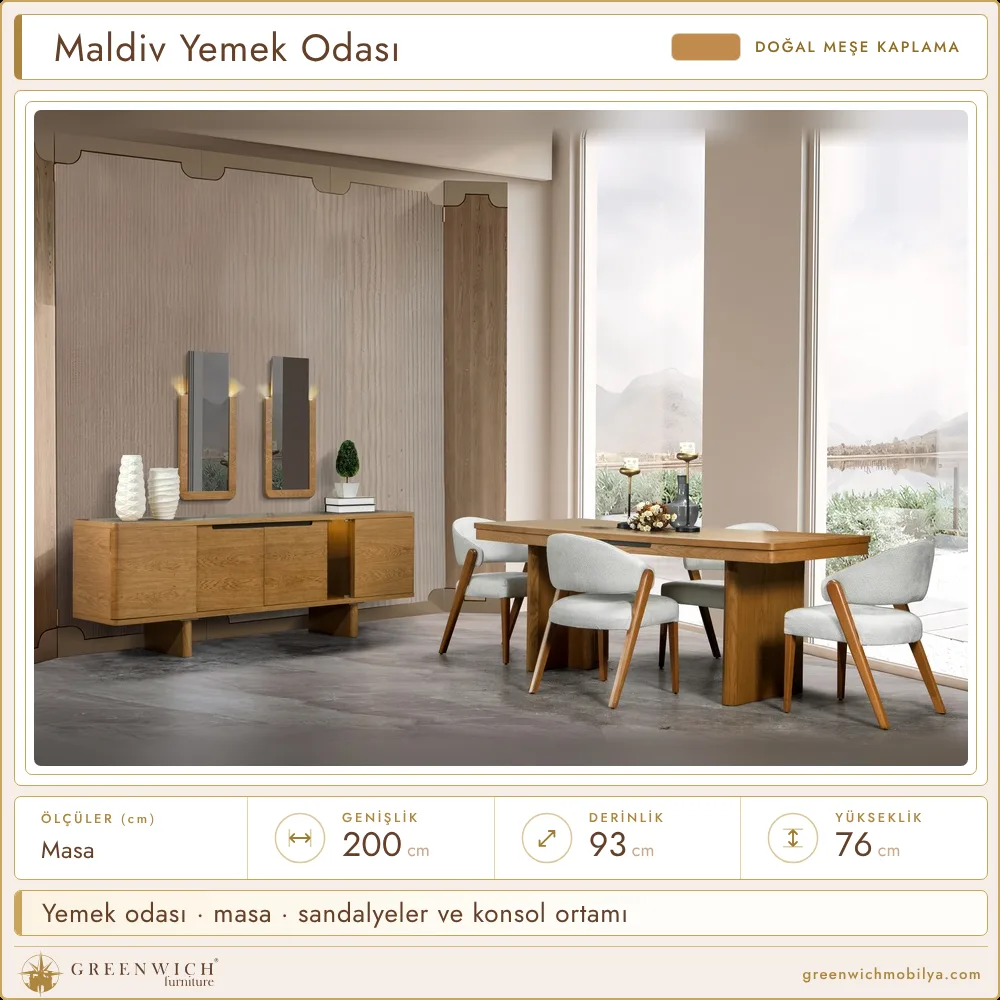 Maldiv meşe yemek odası, masa, sandalyeler ve konsol ortamı