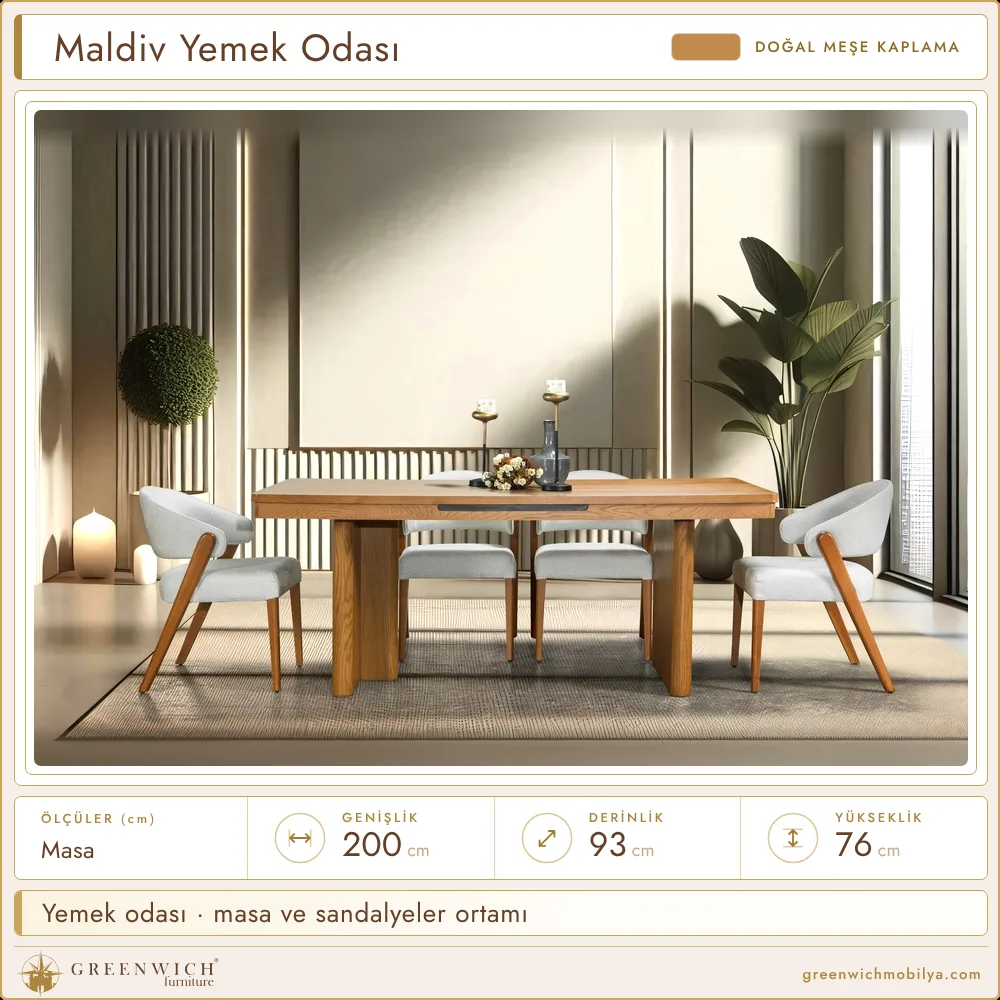 Maldiv meşe yemek odası, masa ve sandalyeler ortamı