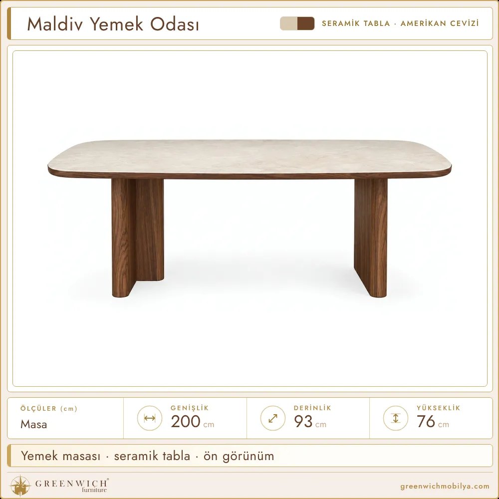 Maldiv seramik tablalı yemek masası, ön görünüm