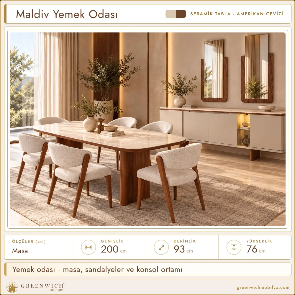 Maldiv seramik yemek odası, masa, sandalyeler ve konsol ortamı