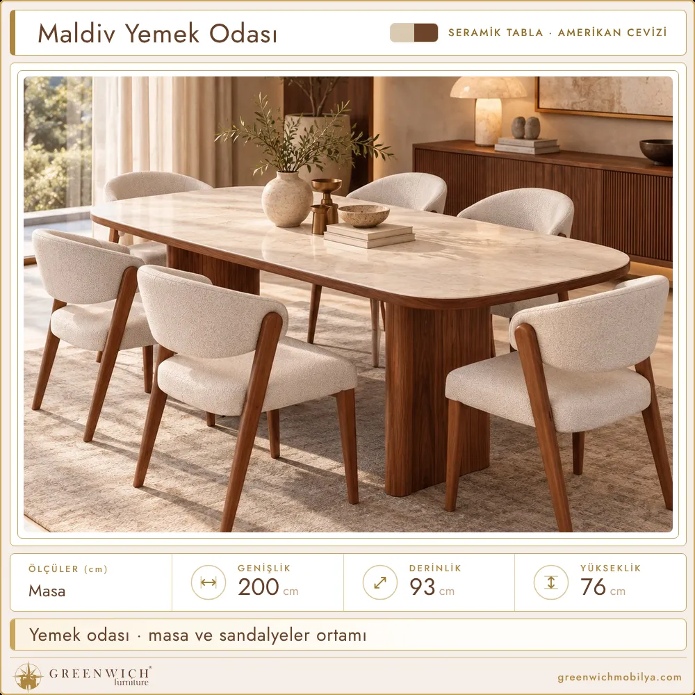 Maldiv seramik yemek odası, masa ve sandalyeler ortamı