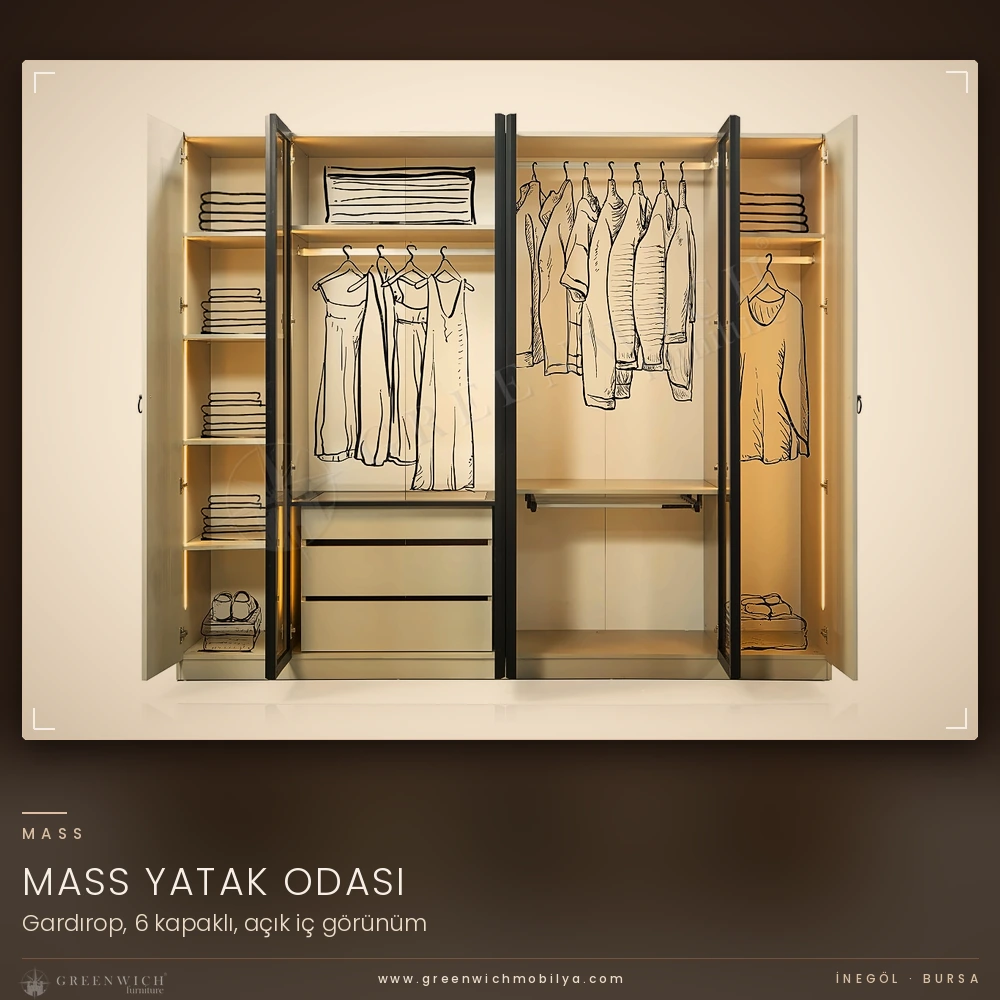 Mass gardırop iç görünümü, raf, askı ve çekmece