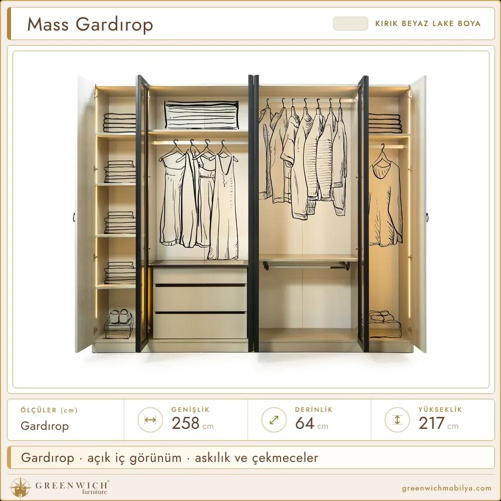 Mass gardırop, açık iç görünüm, askılık ve çekmeceler