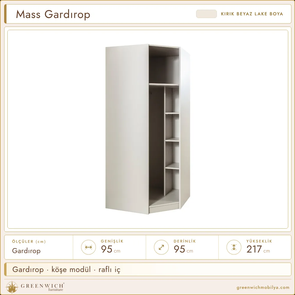 Mass gardırop, köşe modül, raflı iç