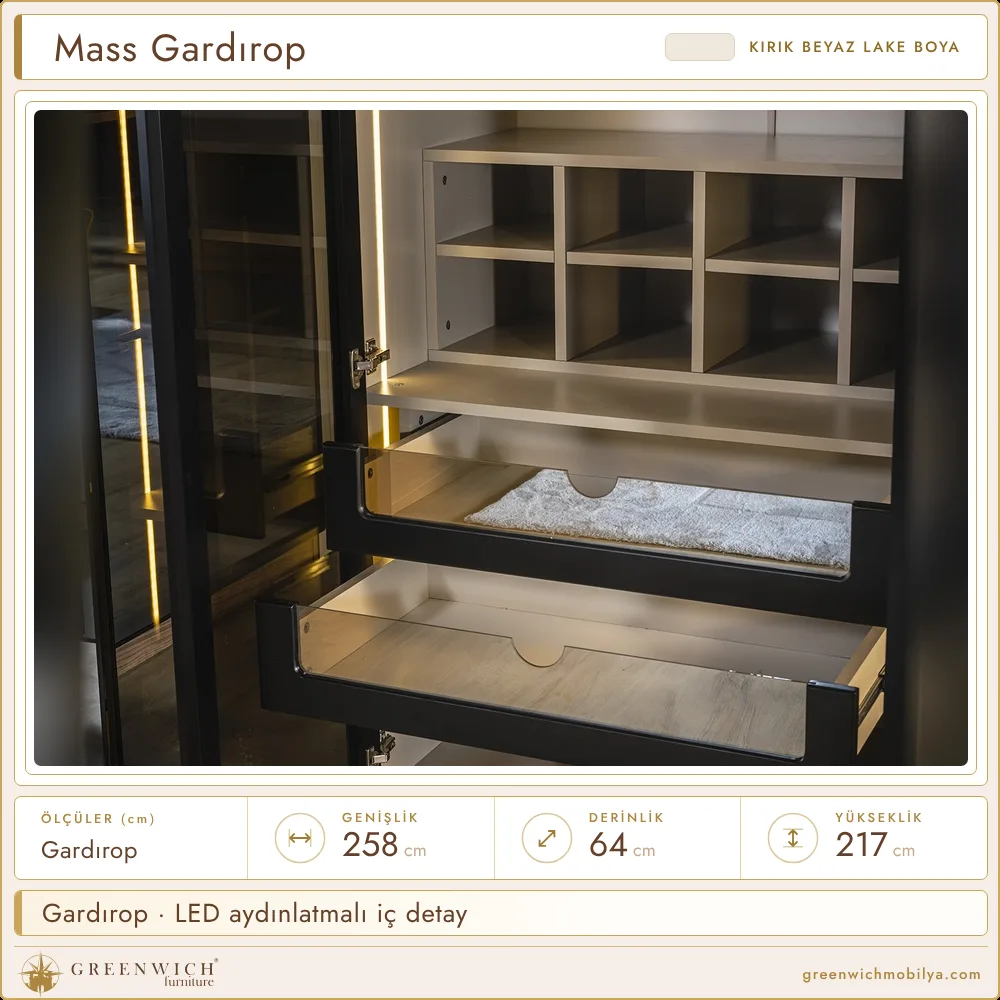 Mass gardırop, LED aydınlatmalı iç detay