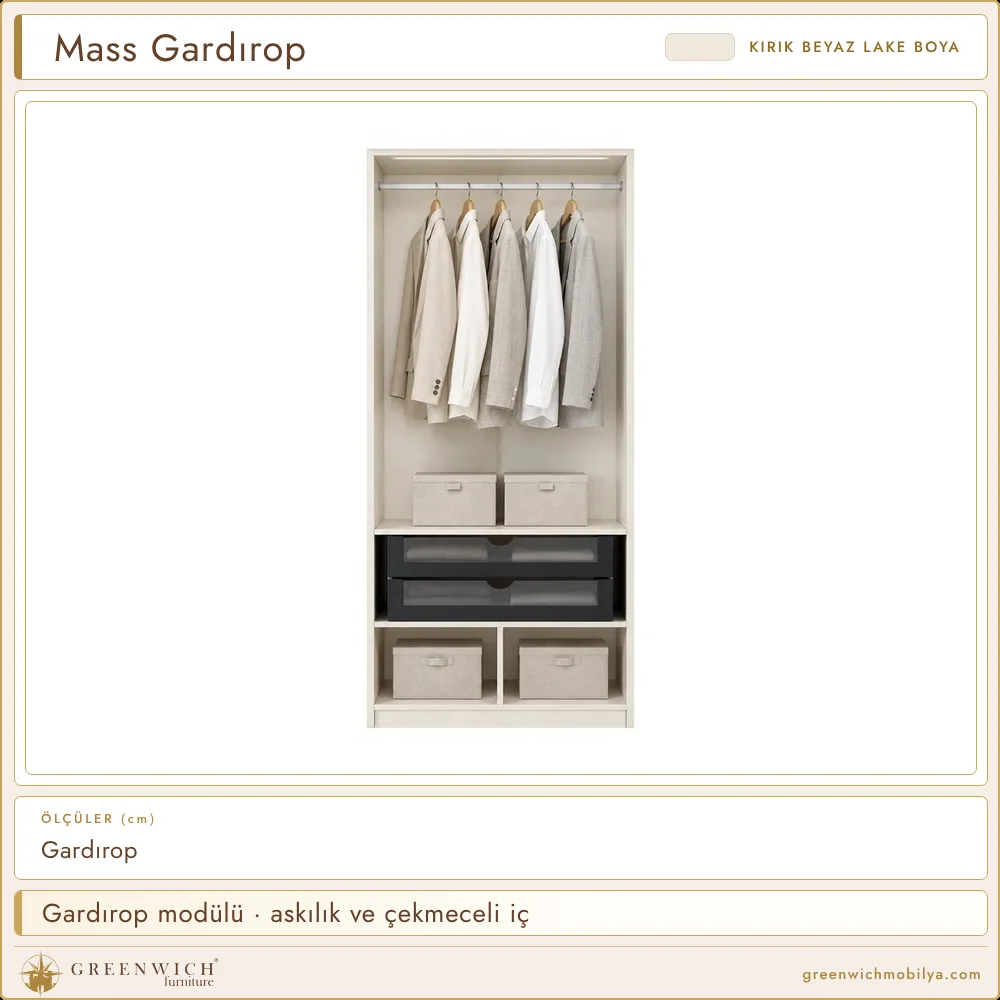 Mass gardırop modülü, askılık ve çekmeceli iç