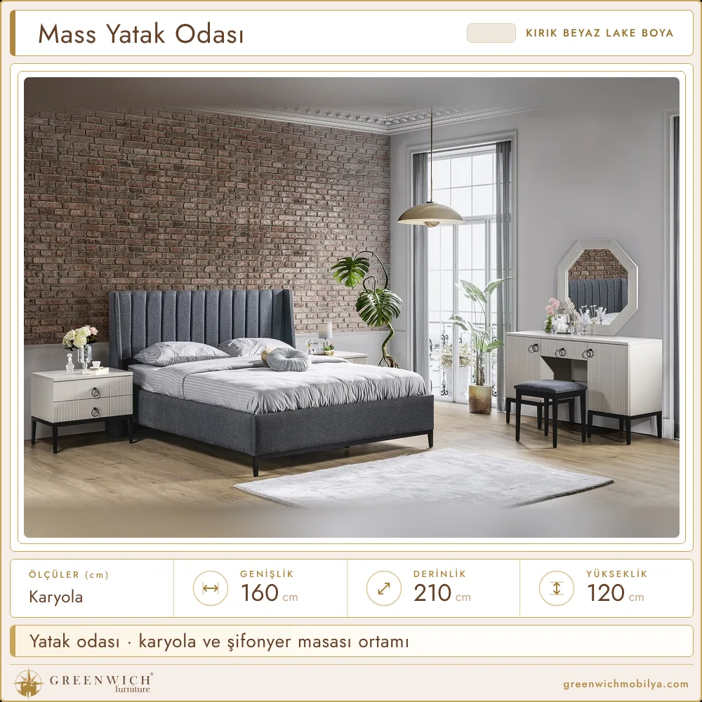 Mass yatak odası, karyola ve şifonyer masası ortamı